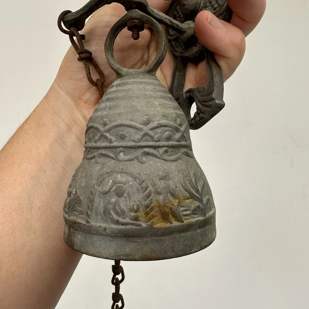 Vintage Brass Wall-Mounted Door Monastery Bell W/ Chain & Pull Handle Patina
